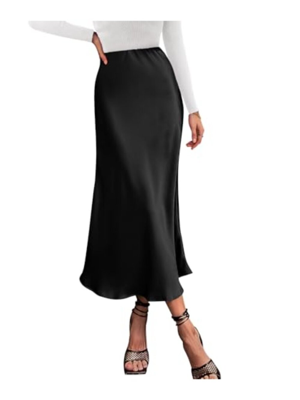 Women's High Waist Satin Midi A-Line Skirt Flowy Elastic